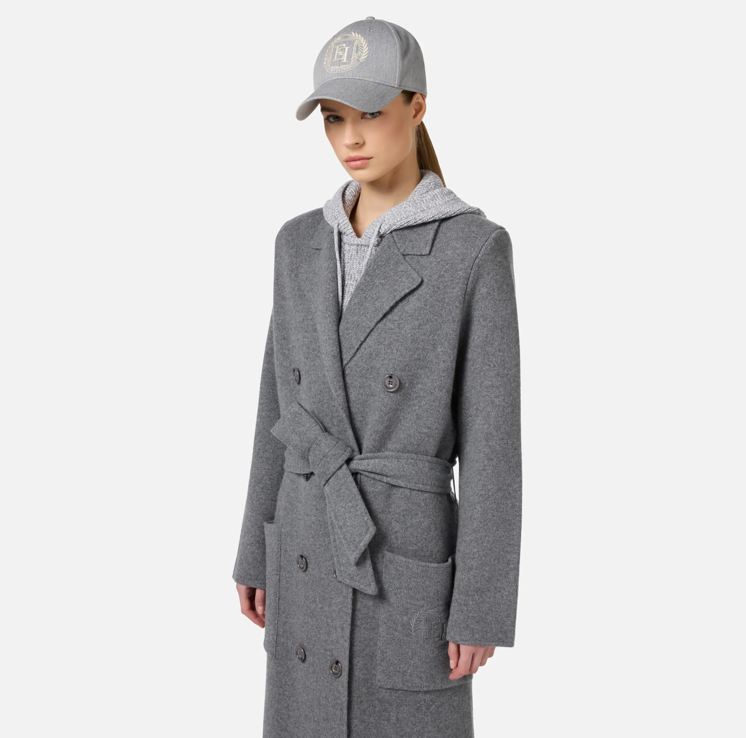 Capispalla|Elisabetta Franchi Cappotto vestaglia in lana e cashmere con stemma SteelMelange