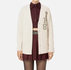 Maglieria E Felpe|Elisabetta Franchi Cardigan in lana costa inglese con patch logo Burro