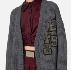 Maglieria E Felpe|Elisabetta Franchi Cardigan in lana costa inglese con patch logo SteelMelange