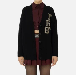 Maglieria E Felpe|Elisabetta Franchi Cardigan in lana costa inglese con patch logo Nero