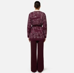 Maglieria E Felpe|Elisabetta Franchi Cardigan in misto lana lettering RougeNoir/Burro