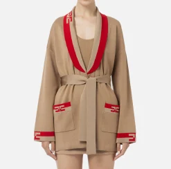 Maglieria E Felpe|Elisabetta Franchi Cardigan in viscosa con bande logo Camel/RedPassion