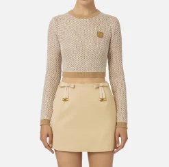 Maglieria E Felpe|Elisabetta Franchi Crop top in lana con filo paillettes Camel/Gold