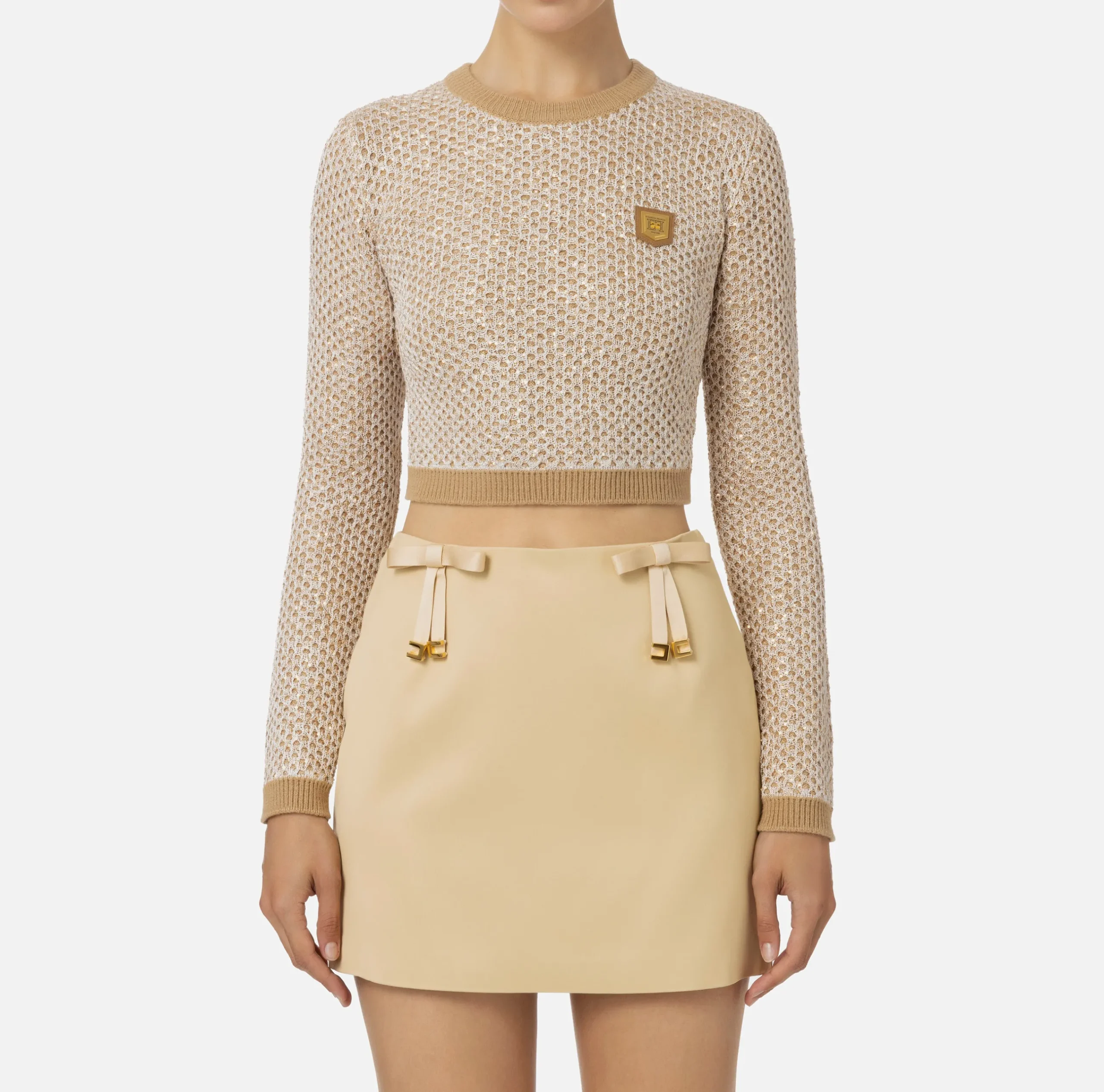 Maglieria E Felpe|Elisabetta Franchi Crop top in lana con filo paillettes Camel/Gold