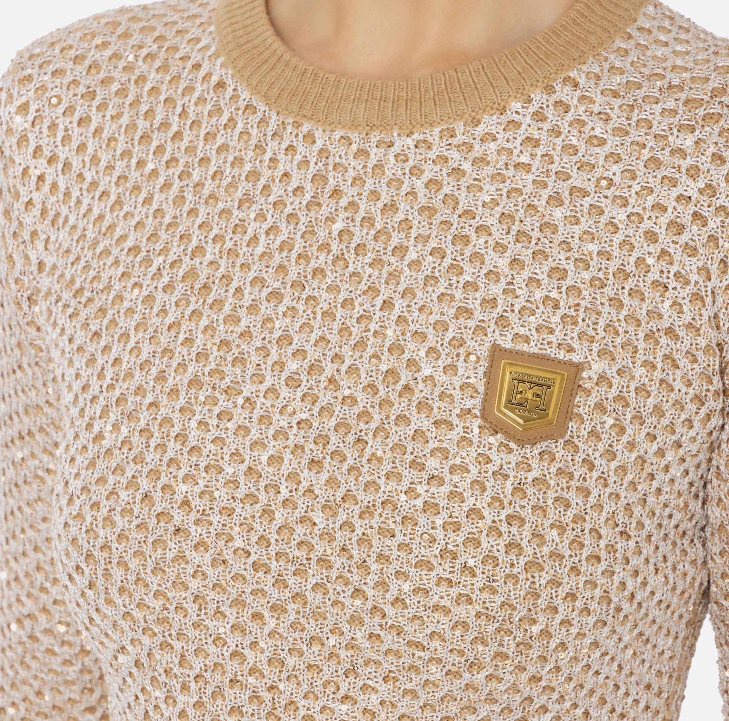 Maglieria E Felpe|Elisabetta Franchi Crop top in lana con filo paillettes Camel/Gold