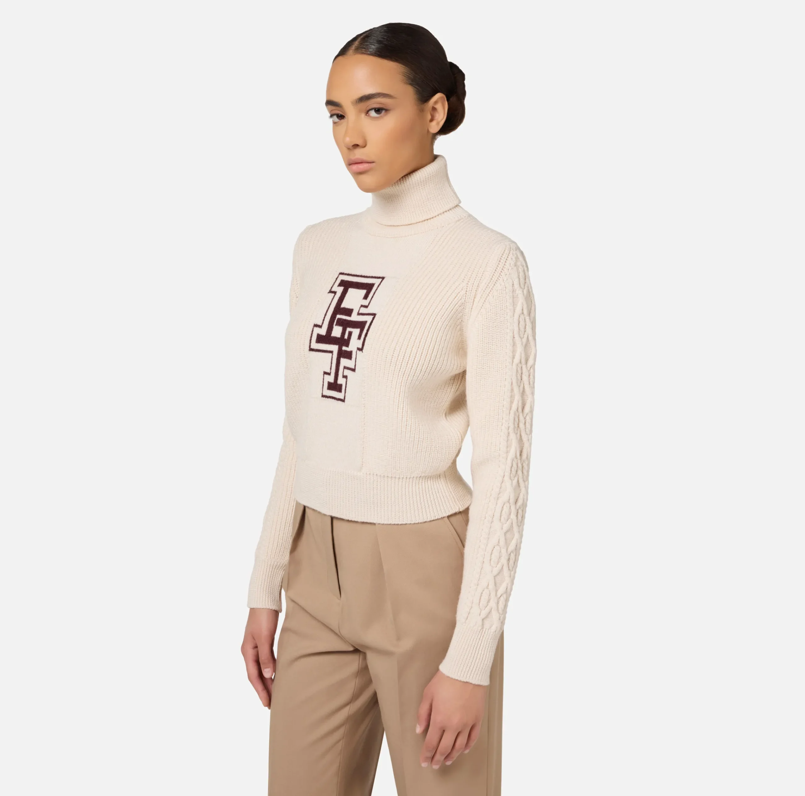 Maglieria E Felpe|Elisabetta Franchi Dolcevita in lana tipo college Burro/RougeNoir