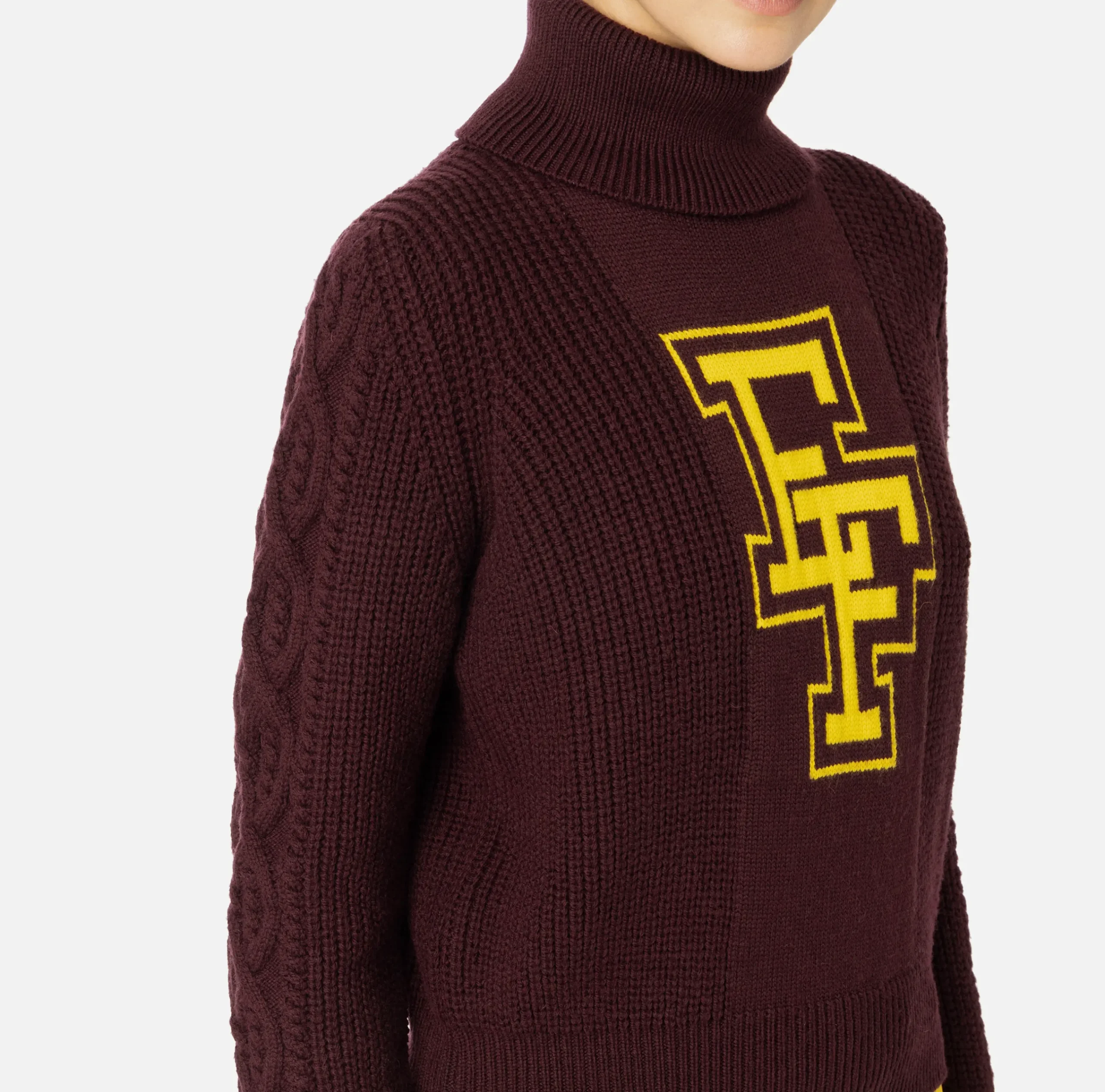 Maglieria E Felpe|Elisabetta Franchi Dolcevita in lana tipo college RougeNoir/Mimosa