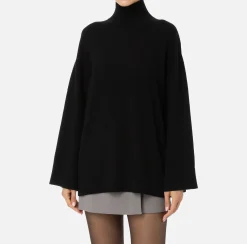 Maglieria E Felpe|Elisabetta Franchi Dolcevita in misto cashmere con logo Nero/Burro