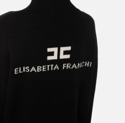 Maglieria E Felpe|Elisabetta Franchi Dolcevita in misto cashmere con logo Nero/Burro