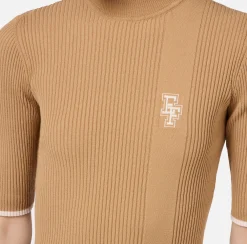 Maglieria E Felpe|Elisabetta Franchi Dolcevita in viscosa con logo college Camel/Burro