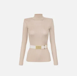 Maglieria E Felpe|Elisabetta Franchi Dolcevita in viscosa lucida a costine con cintura Lattice