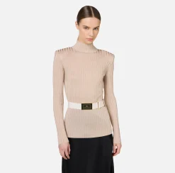 Maglieria E Felpe|Elisabetta Franchi Dolcevita in viscosa lucida a costine con cintura Lattice