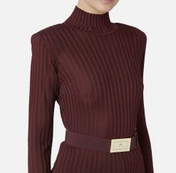 Maglieria E Felpe|Elisabetta Franchi Dolcevita in viscosa lucida a costine con cintura RougeNoir