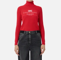 Maglieria E Felpe|Elisabetta Franchi Dolcevita in viscosa punto rete con intarsio RedPassion/PowderPink