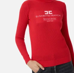 Maglieria E Felpe|Elisabetta Franchi Dolcevita in viscosa punto rete con intarsio RedPassion/PowderPink