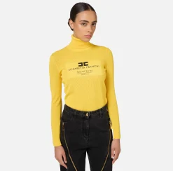 Maglieria E Felpe|Elisabetta Franchi Dolcevita in viscosa punto rete con intarsio Mimosa