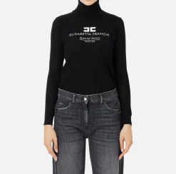 Maglieria E Felpe|Elisabetta Franchi Dolcevita in viscosa punto rete con intarsio Nero