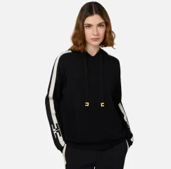 Maglieria E Felpe|Elisabetta Franchi Felpa con cappuccio in viscosa con bande logo Nero/Burro