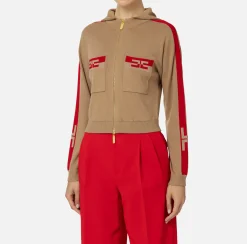 Maglieria E Felpe|Elisabetta Franchi Felpa cropped in viscosa con bande logo Camel/RedPassion