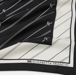 Sciarpe|Elisabetta Franchi Foulard in seta con pattern righe diagonali e logo Nero/Burro