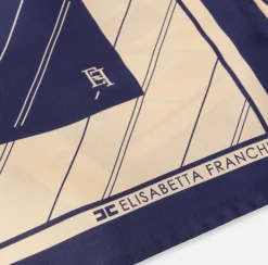Sciarpe|Elisabetta Franchi Foulard in seta con pattern righe diagonali e logo Navy/Crema