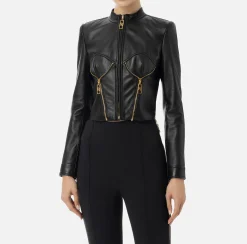 Giacche & Trench|Elisabetta Franchi Giacca biker in pelle con coppe Nero