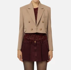 Giacche & Trench|Elisabetta Franchi Giacca cropped doppiopetto in fresco di lana Camel