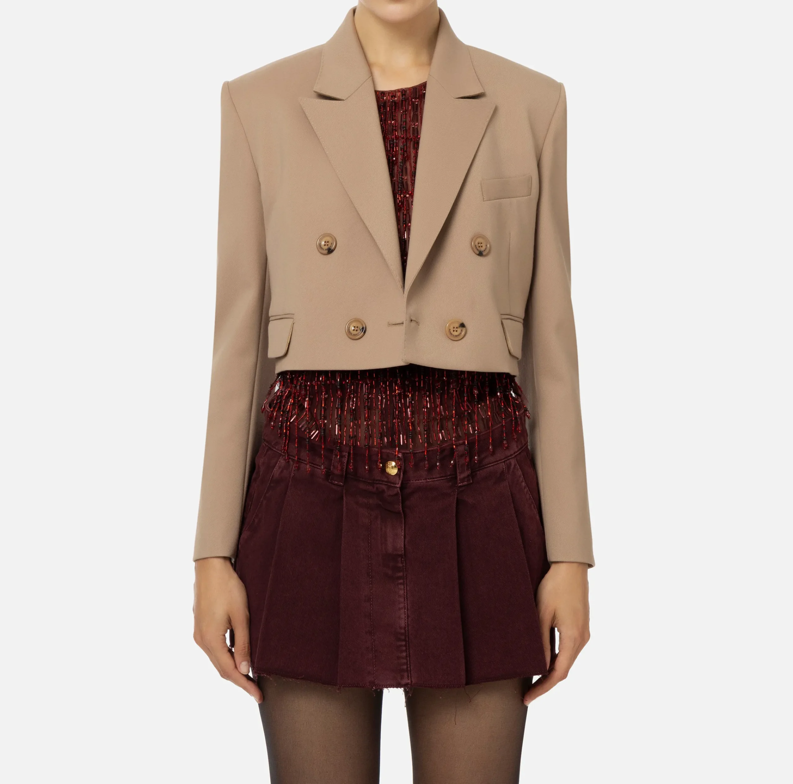 Giacche & Trench|Elisabetta Franchi Giacca cropped doppiopetto in fresco di lana Camel