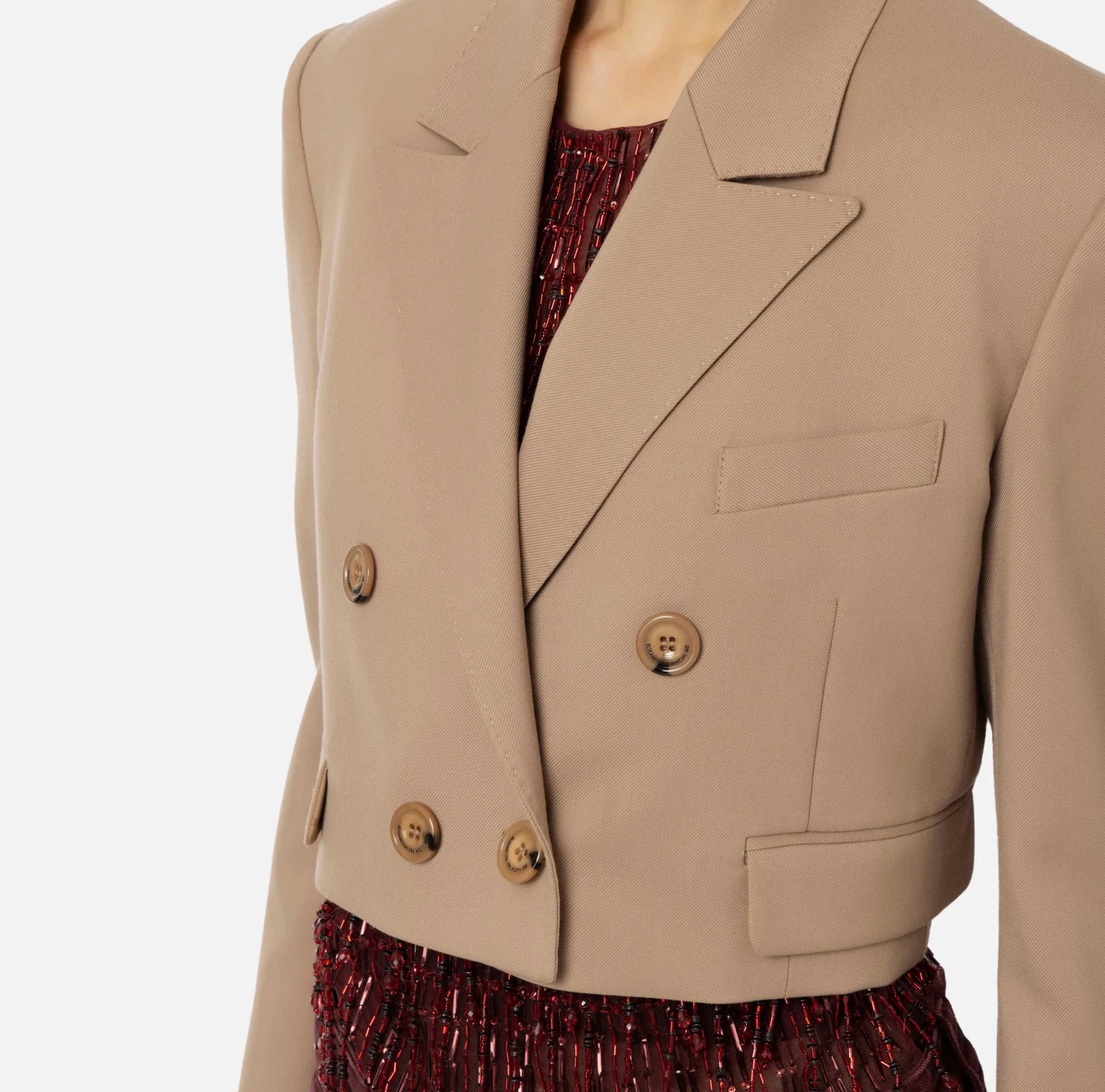 Giacche & Trench|Elisabetta Franchi Giacca cropped doppiopetto in fresco di lana Camel