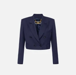 Giacche & Trench|Elisabetta Franchi Giacca cropped doppiopetto in fresco di lana Navy