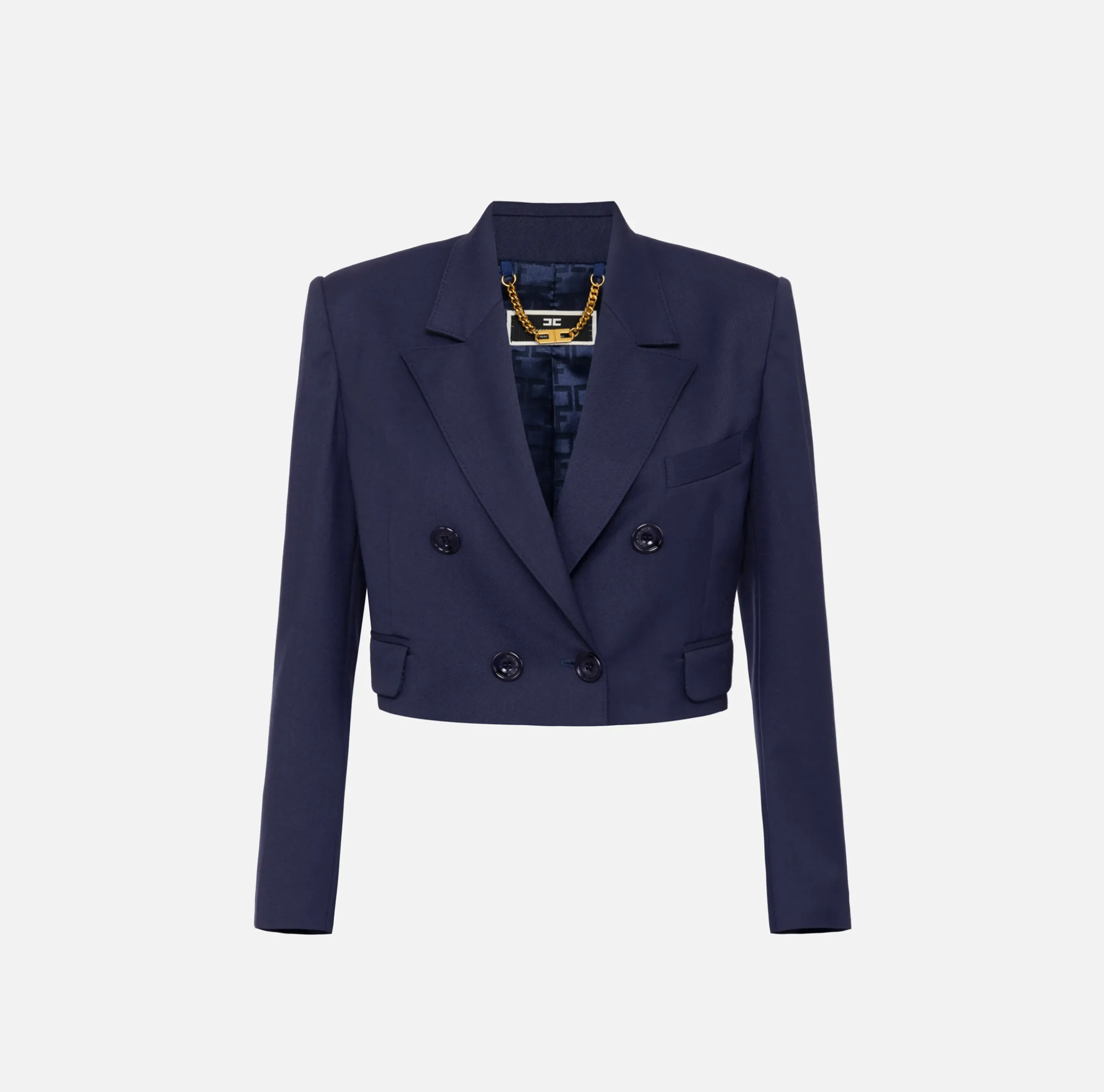 Giacche & Trench|Elisabetta Franchi Giacca cropped doppiopetto in fresco di lana Navy