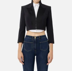 Giacche & Trench|Elisabetta Franchi Giacca cropped in crêpe con revers in raso Nero