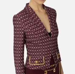 Giacche & Trench|Tailleur|Elisabetta Franchi Giacca cropped in crêpe stretch stampa rombo con catena RougeNoir/Burro