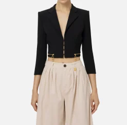Giacche & Trench|Elisabetta Franchi Giacca cropped in crêpe stretch con zip Nero