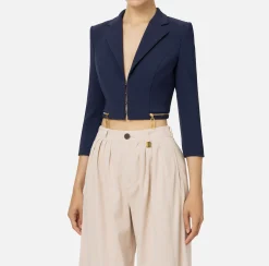 Giacche & Trench|Elisabetta Franchi Giacca cropped in crêpe stretch con zip Navy