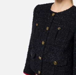Giacche & Trench|Elisabetta Franchi Giacca cropped in tweed con tasche Nero/RedPassion
