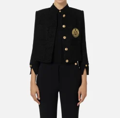 Giacche & Trench|Elisabetta Franchi Giacca cropped in tweed laminato con tasche Nero