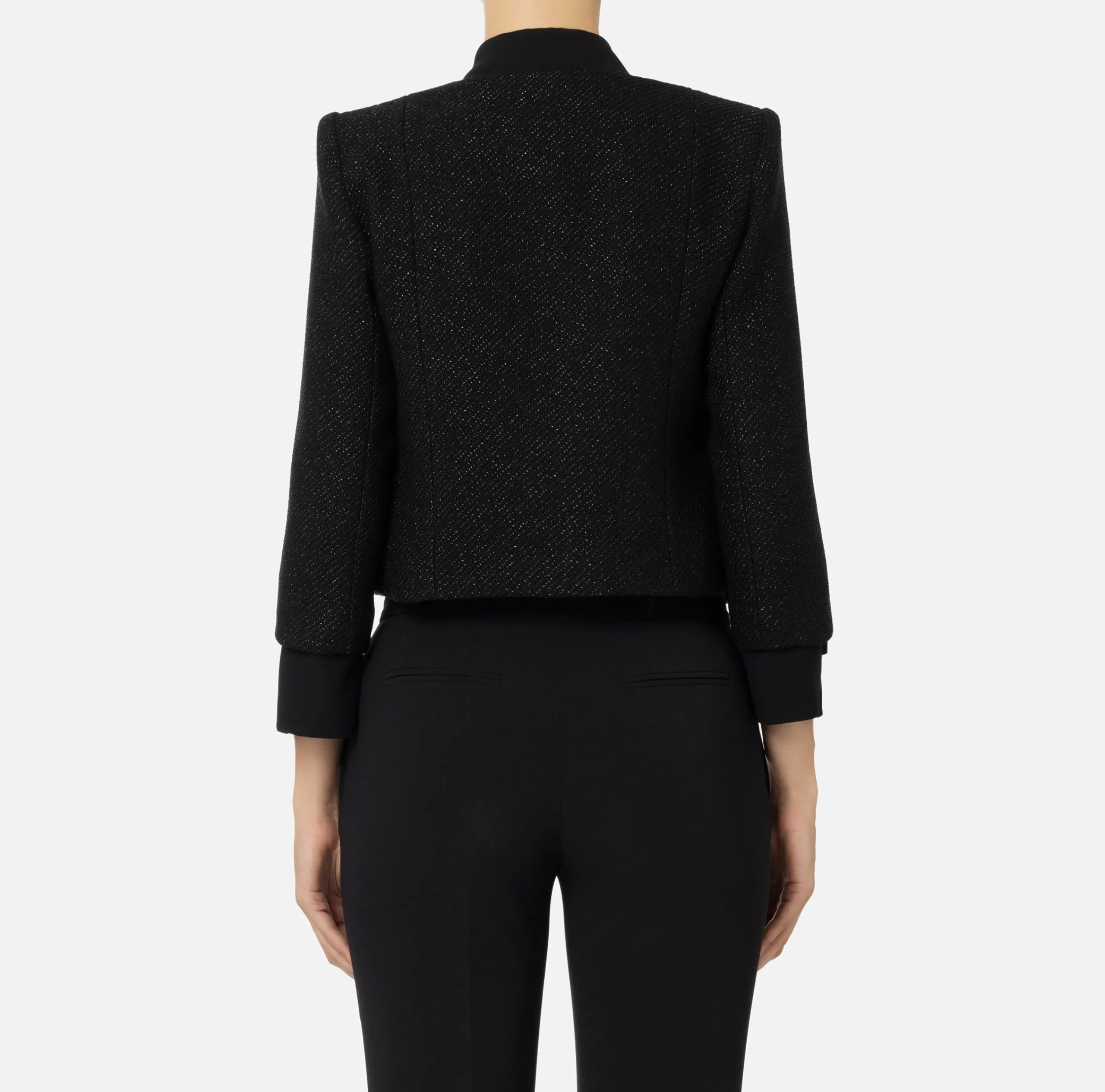 Giacche & Trench|Elisabetta Franchi Giacca cropped in tweed laminato con tasche Nero