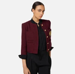 Giacche & Trench|Elisabetta Franchi Giacca cropped in tweed laminato con tasche RougeNoir