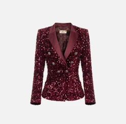 Tailleur|Giacche & Trench|Elisabetta Franchi Giacca doppiopetto in ciniglia ricamata con pailettes RougeNoir