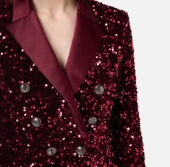 Tailleur|Giacche & Trench|Elisabetta Franchi Giacca doppiopetto in ciniglia ricamata con pailettes RougeNoir