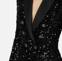 Tailleur|Giacche & Trench|Elisabetta Franchi Giacca doppiopetto in ciniglia ricamata con pailettes Nero