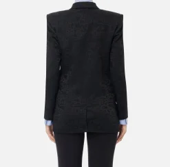 Tailleur|Giacche & Trench|Elisabetta Franchi Giacca doppiopetto in crêpe jaquard lettering Nero