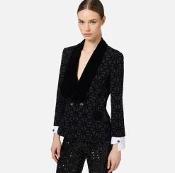Tailleur|Giacche & Trench|Elisabetta Franchi Giacca doppiopetto in crêpe flock Nero