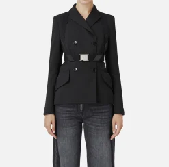 Tailleur|Giacche & Trench|Elisabetta Franchi Giacca doppiopetto in fresco lana mélange con harness elastico Nero