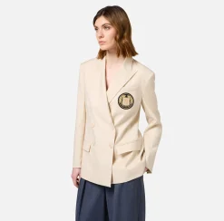 Giacche & Trench|Elisabetta Franchi Giacca doppiopetto in fresco di lana con patch Crema