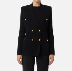 Giacche & Trench|Maglieria E Felpe|Elisabetta Franchi Giacca doppiopetto in viscosa con patch logo Nero