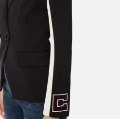 Giacche & Trench|Elisabetta Franchi Giacca in crêpe stretch con bande e ricamo logo Nero/Burro