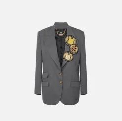 Giacche & Trench|Elisabetta Franchi Giacca monopetto in fresco di lana con patch SteelMelange