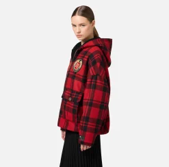 Capispalla|Elisabetta Franchi Giubbotto in lana tartan imbottito con cappuccio e patch ricamato RedPassion/Nero